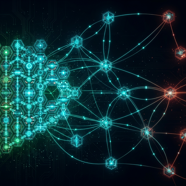 Modular quantum computing architecture visualization: interconnected hexagonal modules transitioning from monolithic (green) to distributed (red)
