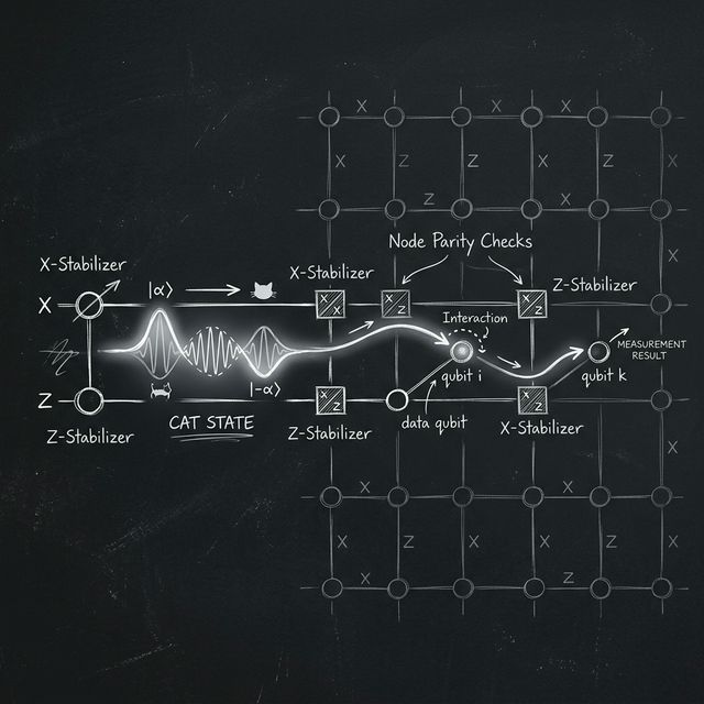 Hand-drawn sketch of a flying cat state measuring parity checks.